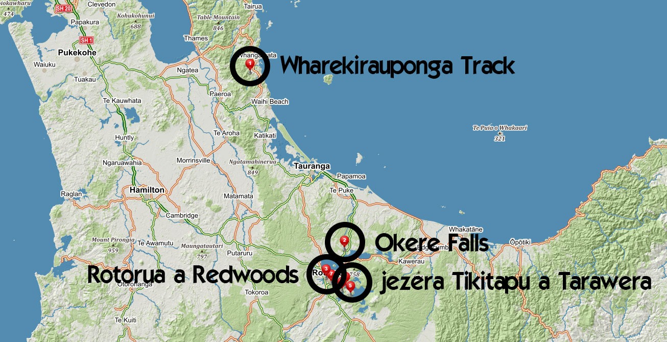 Popisovaná místa z příspěvku v okolí Rotoruy na Novém Zélandu