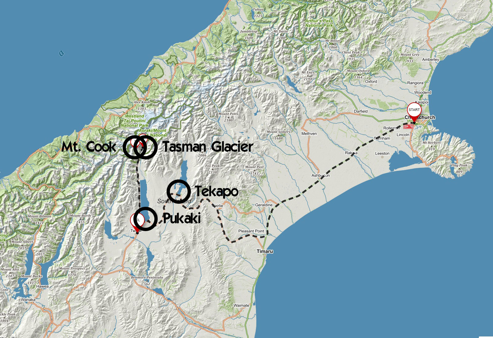 Trasa z Christchurch přes jezera Tekapo a Pukaki k Mount Cook, kterou jsme absolvovali autem