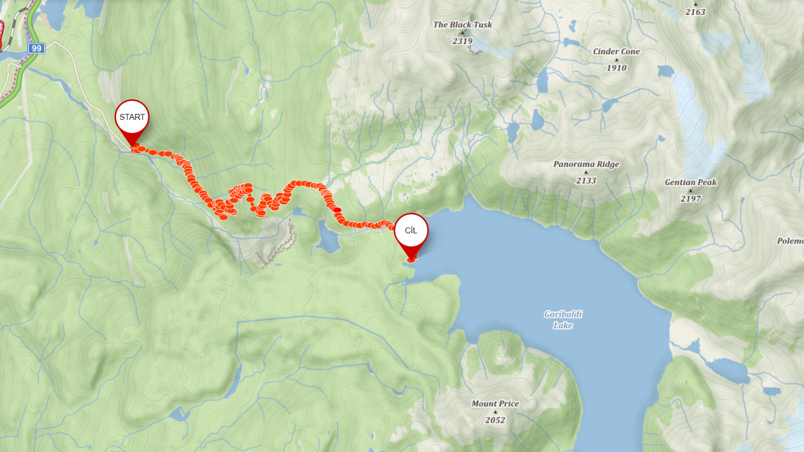 Popisovaná trasa k Garibaldi Lake v Kanadě