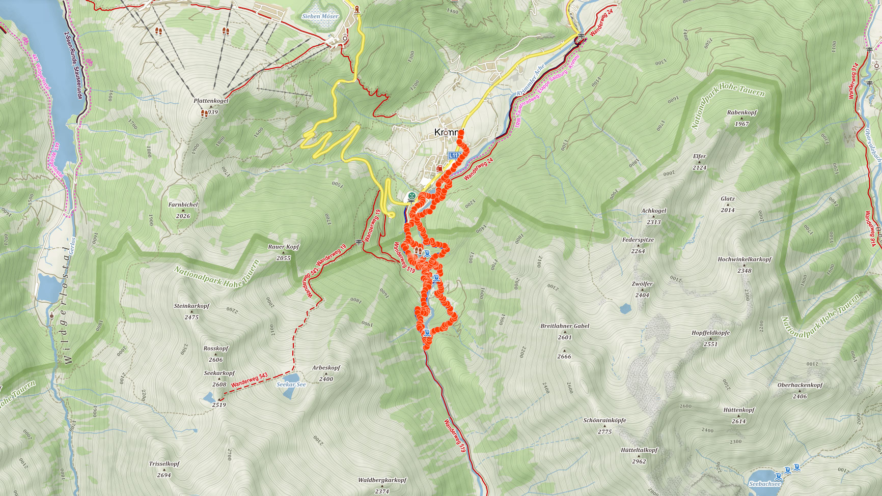 Mapa výletu kolem Krimmelských vodopádů v Rakousku 