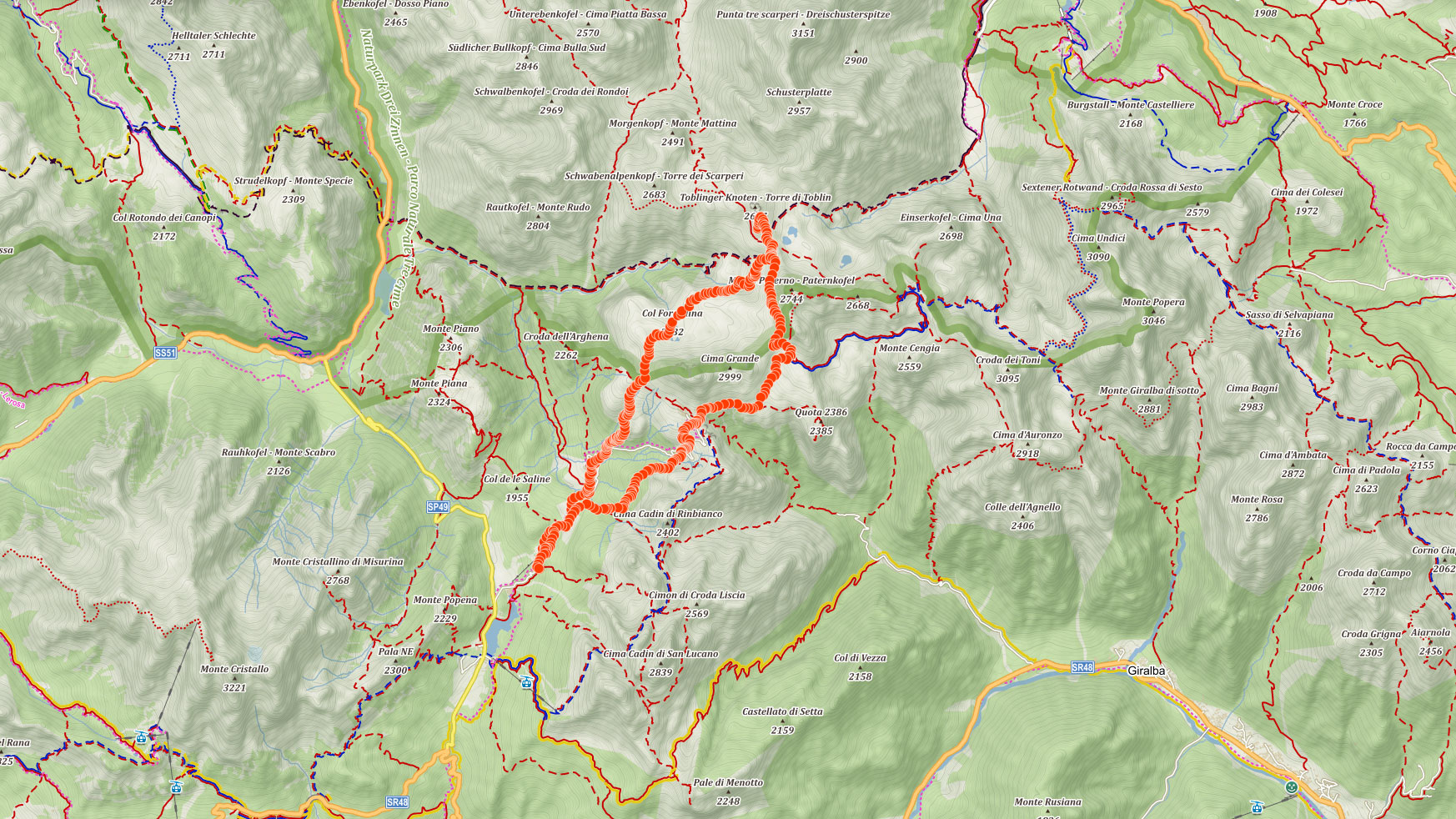 Trasa popisovaného výletu kolem Tre Cime di Lavaredo (Drei Zinnen) v italských Dolomitech