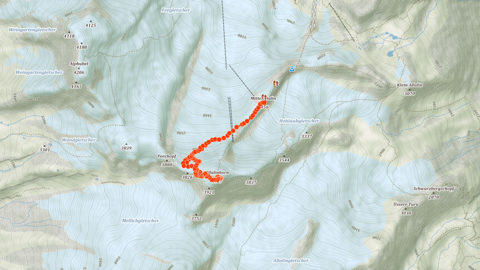 Normální výstupová trasa na Allalinhorn ve švýcarských Alpách