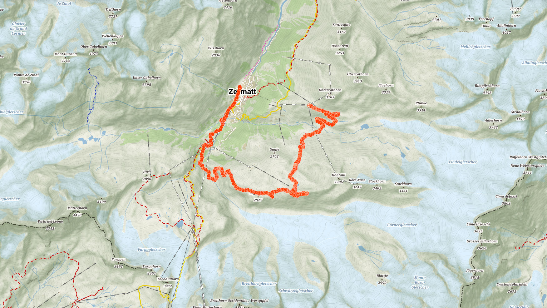Mapa výletu kolem Matterhornu po treku pěti jezer a na Gornergrat ve Švýcarsku