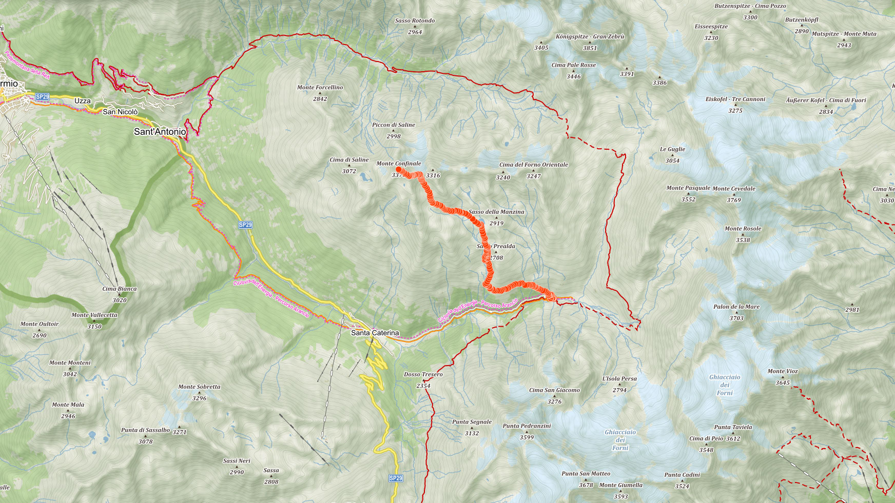 Mapa výstupu na Monte Confinale v Ortles v italských Alpách