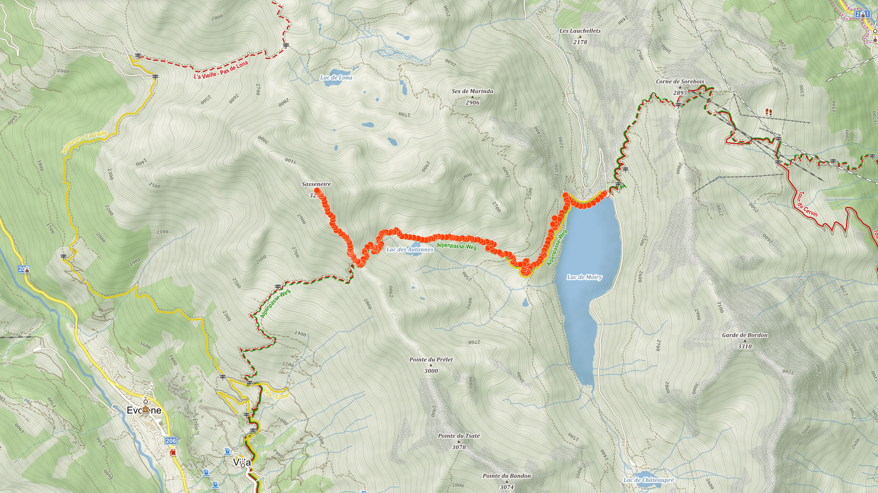 Mapa výstupu na Sasseneire ve Švýcarsku