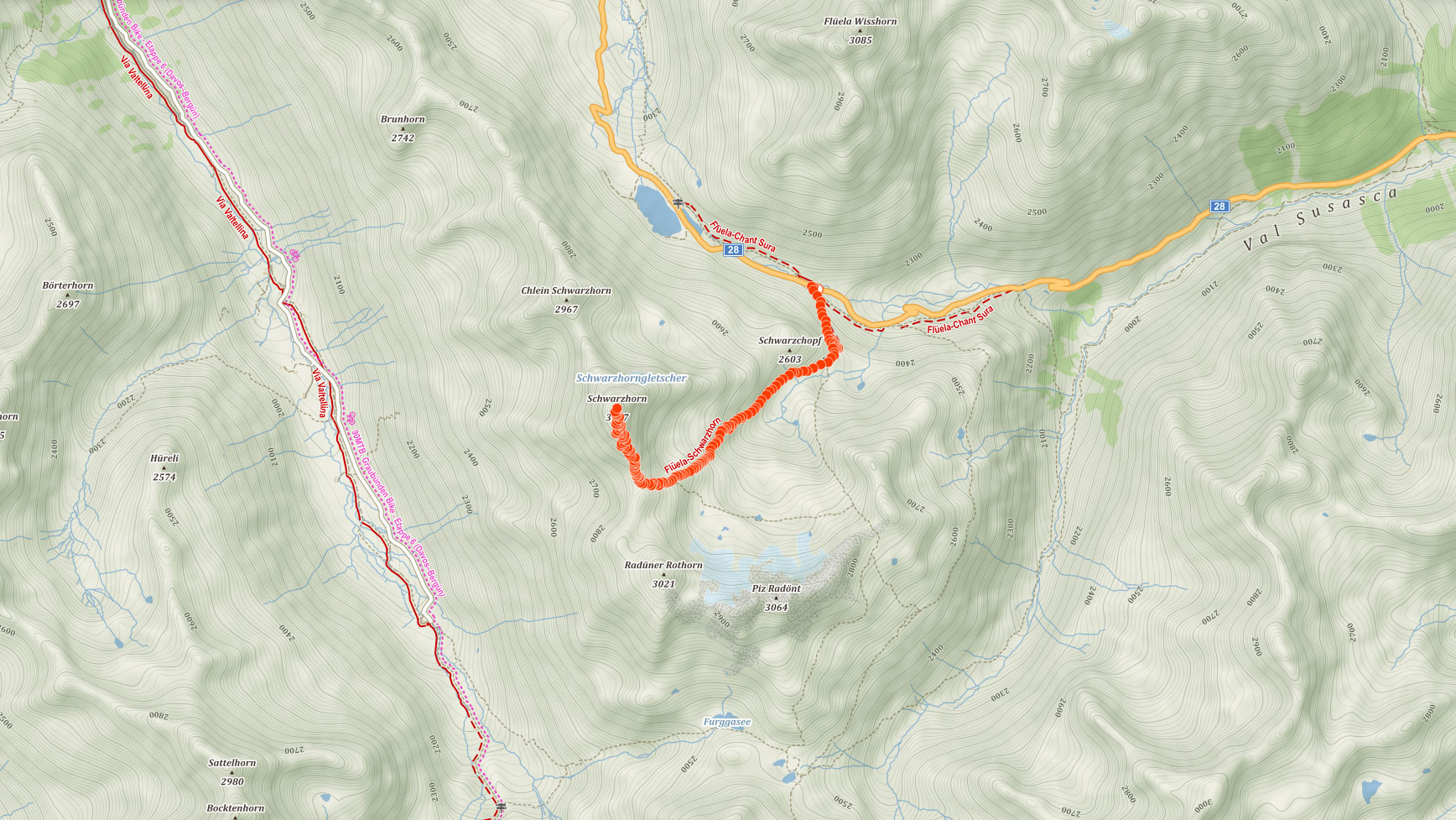 Výstupová trasa na Flüela Schwarzhorn ve švýcarských Alpách 