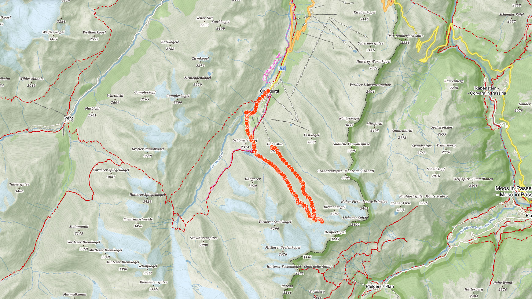 Mapa výletu pod ledovec Rotmoosferner v Ötztalských Alpách v Rakousku
