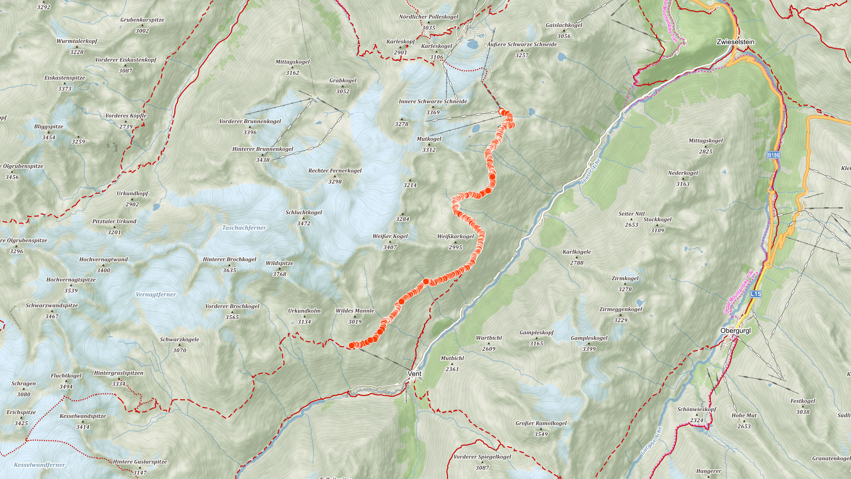 Mapa výletu po panoramatické stezce ze Söldenu do Ventu v Ötztalských Alpách