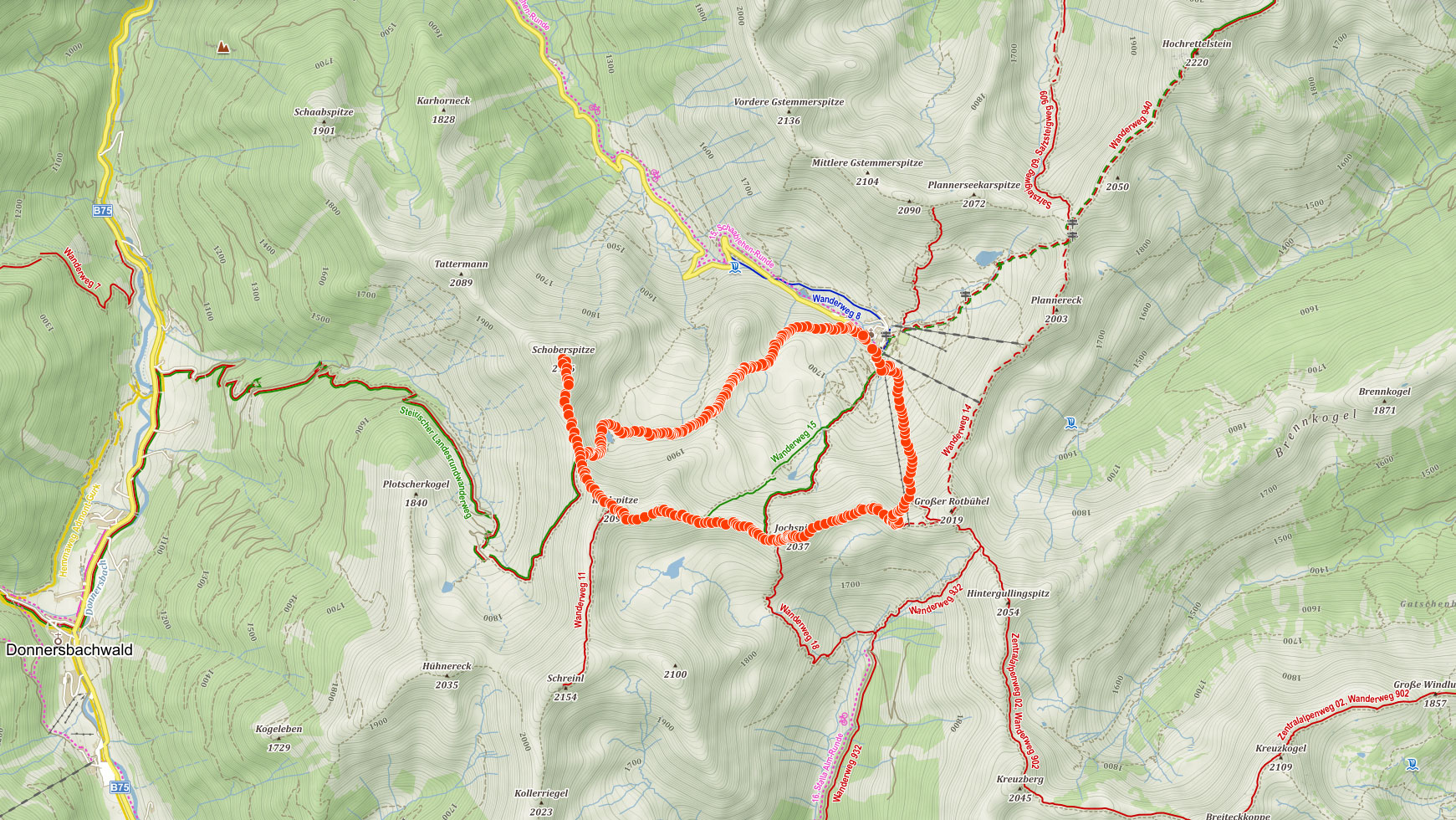 Mapa výletu na Schoberspitze v rakouských Alpách