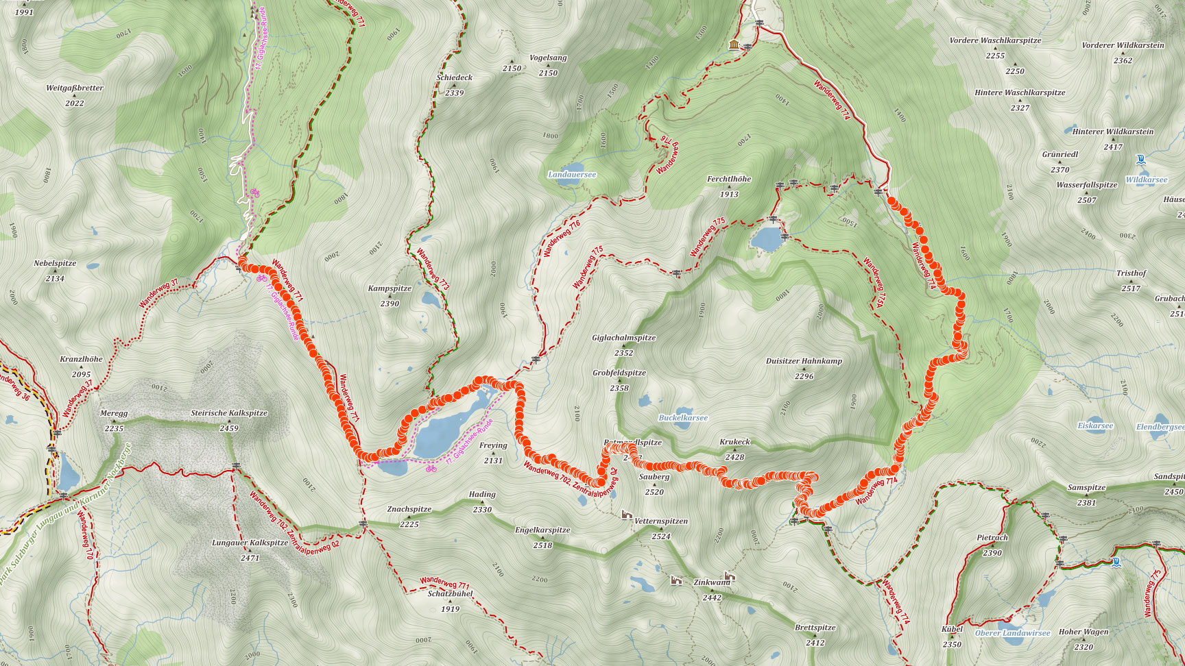 Mapa výletu na Rotmandlspitze v rakouských Alpách