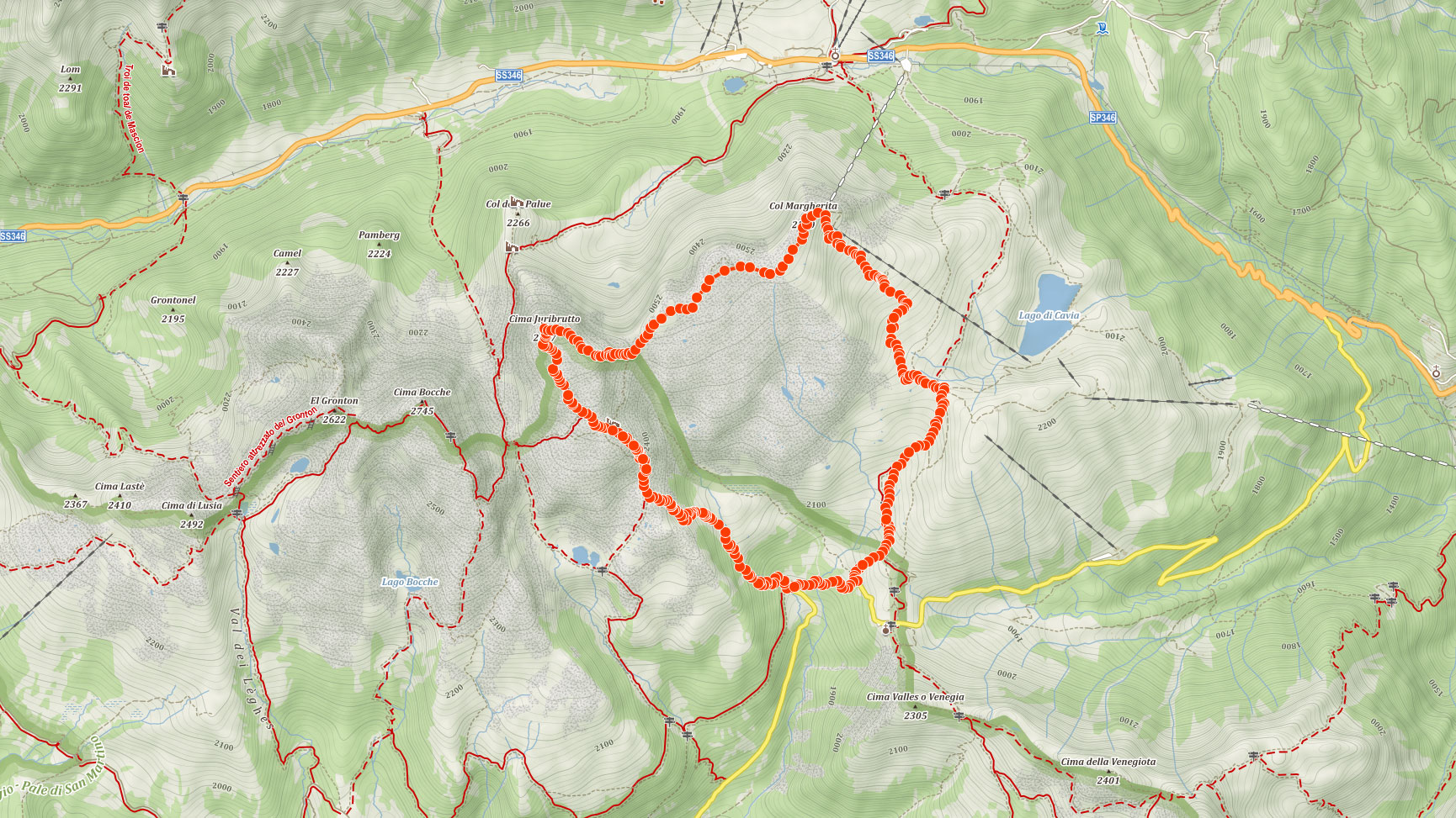 Mapa výletu na Cima Juribrutto v italských Dolomitech