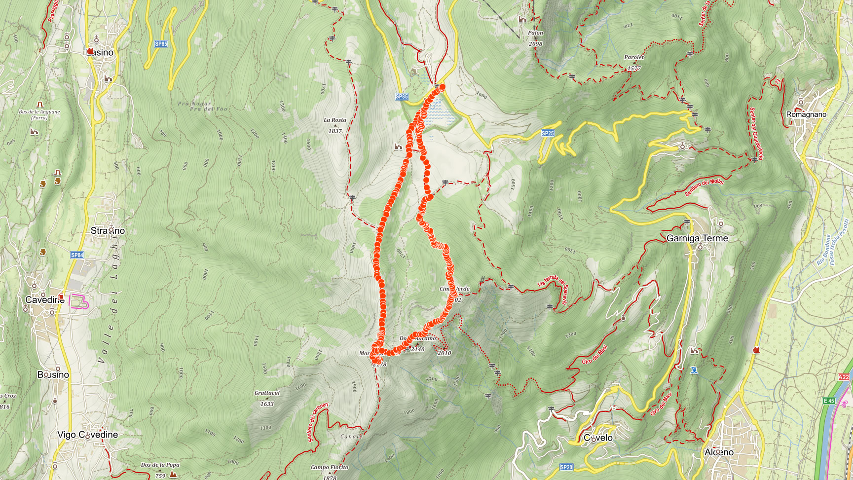 Mapa výletu na Monte Cornetto nedaleko jezera Garda v Itálii 