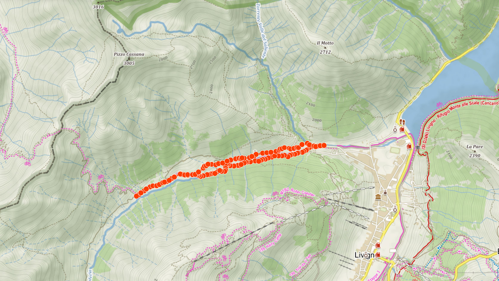 Mapa výletu s kočárkem údolím Federia v Livignu