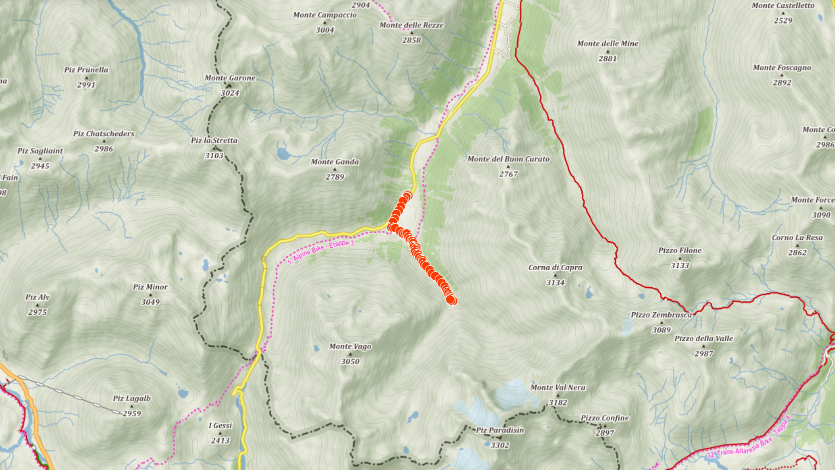 Mapa výletu s kočárkem k vodopádu nedaleko Livigna