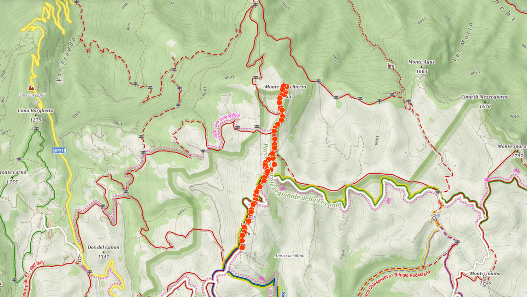 Mapa výletu na Monte Castelberto v Itálii