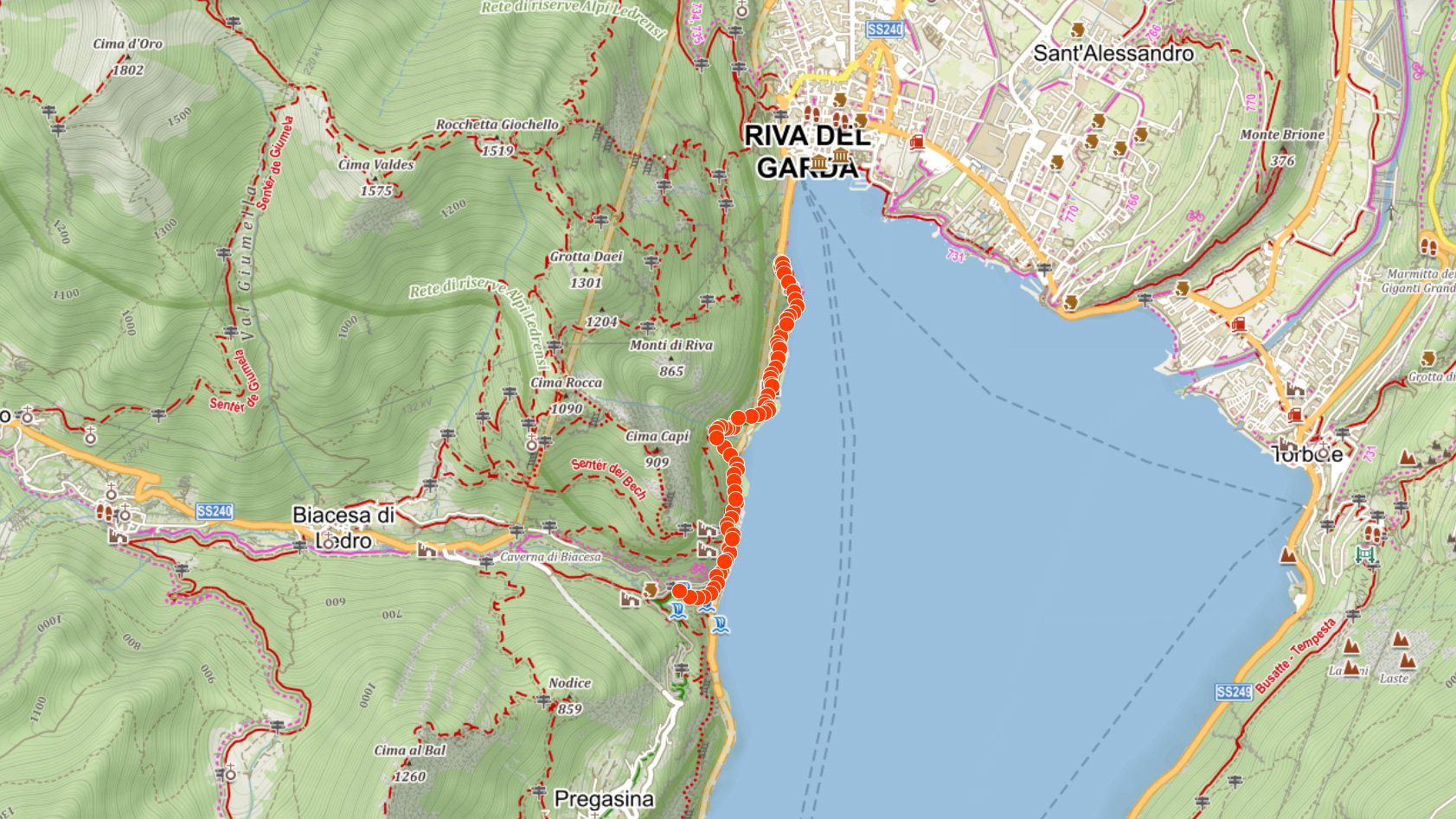 Mapa výletu s kočárkem po Ponálské cestě u jezera Garda v Itálii 
