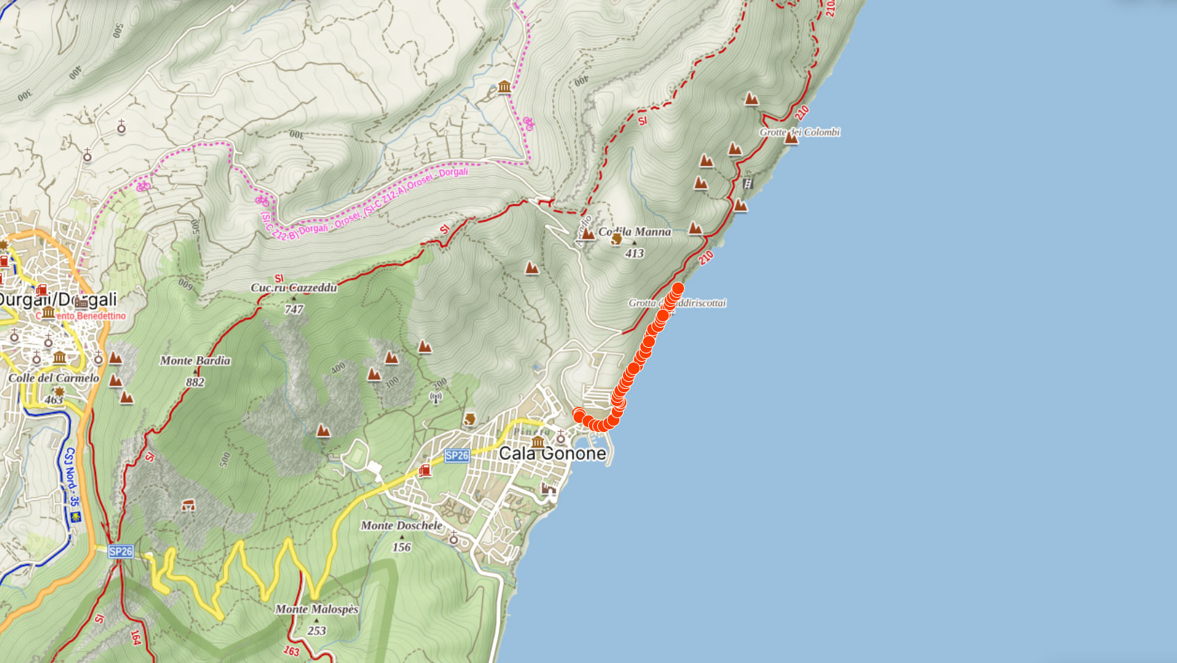 Mapa výletu z Cala Gonone k jeskyním Grotta di Biddiriscottai