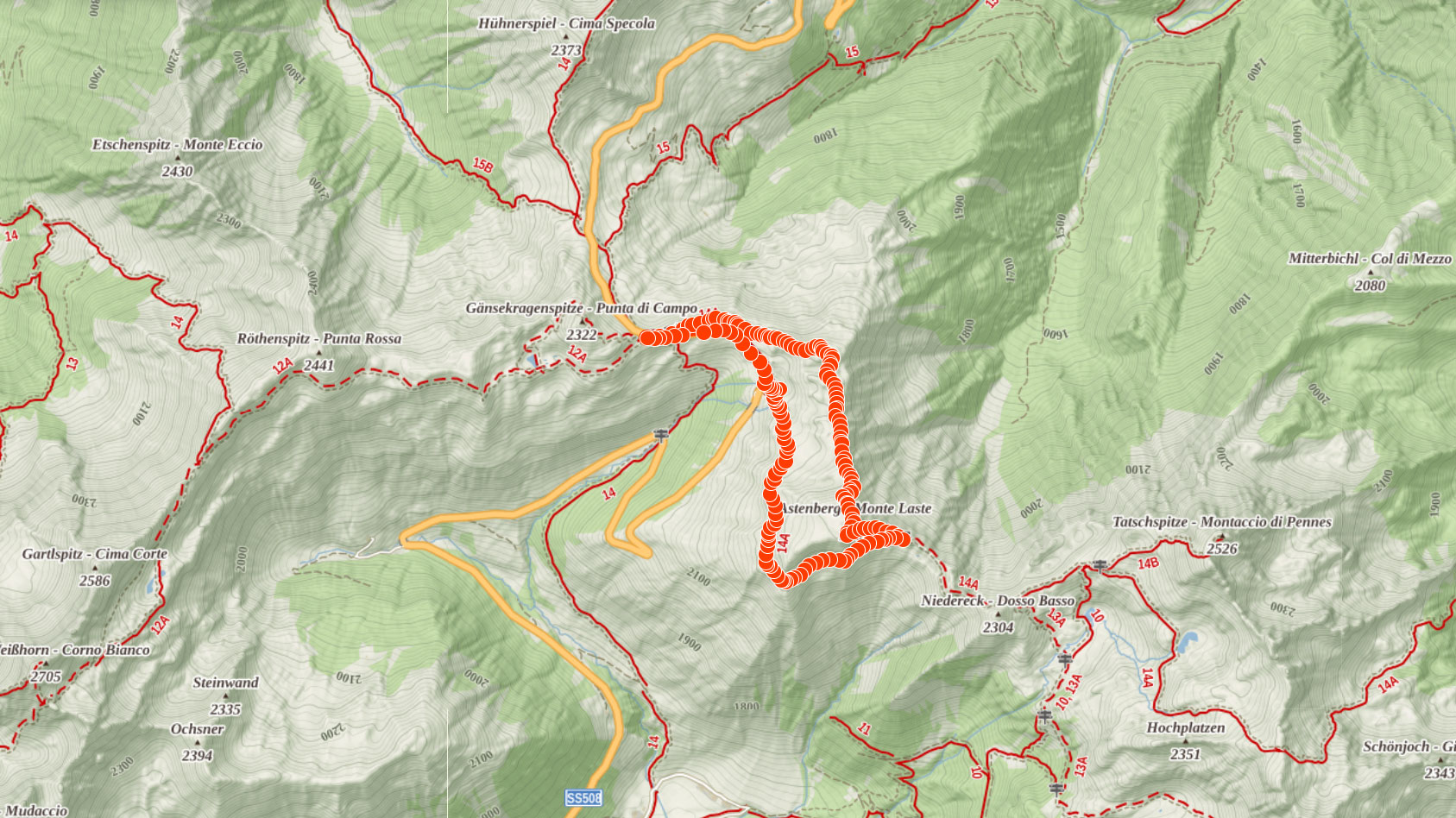 Mapa výletu na Monte Laste v Itálii 