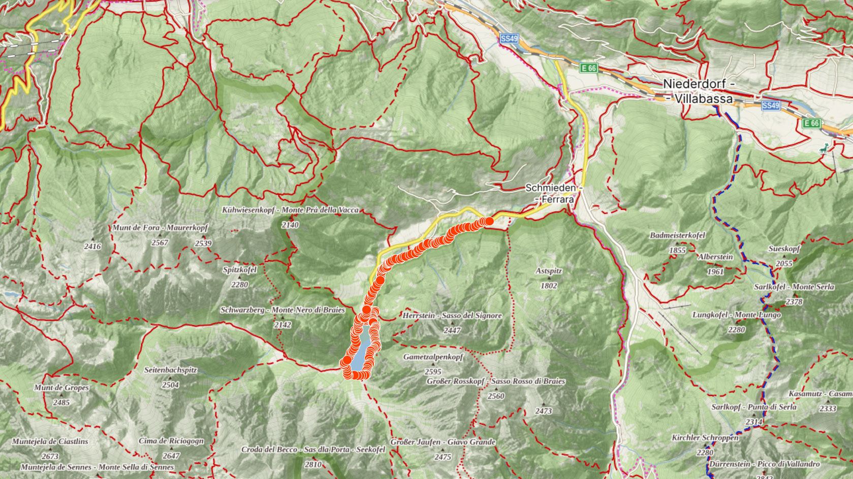Mapa výletu kolem Lago di Braies v Itálii