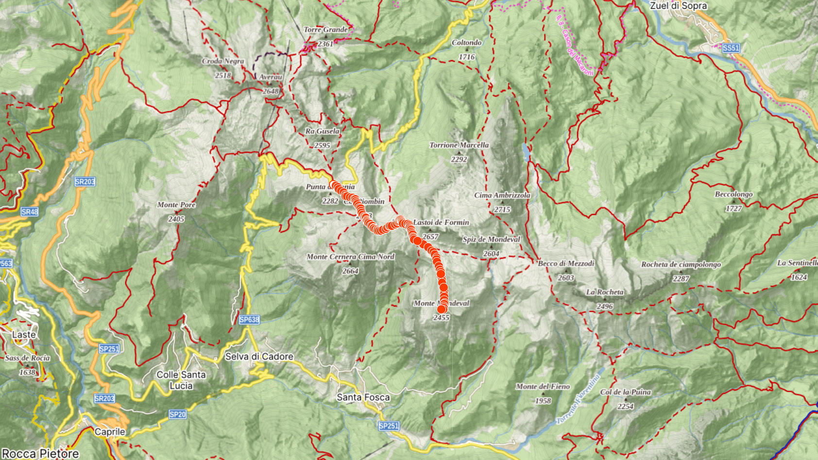 Mapa výletu na Monte Mondeval v Itálii 