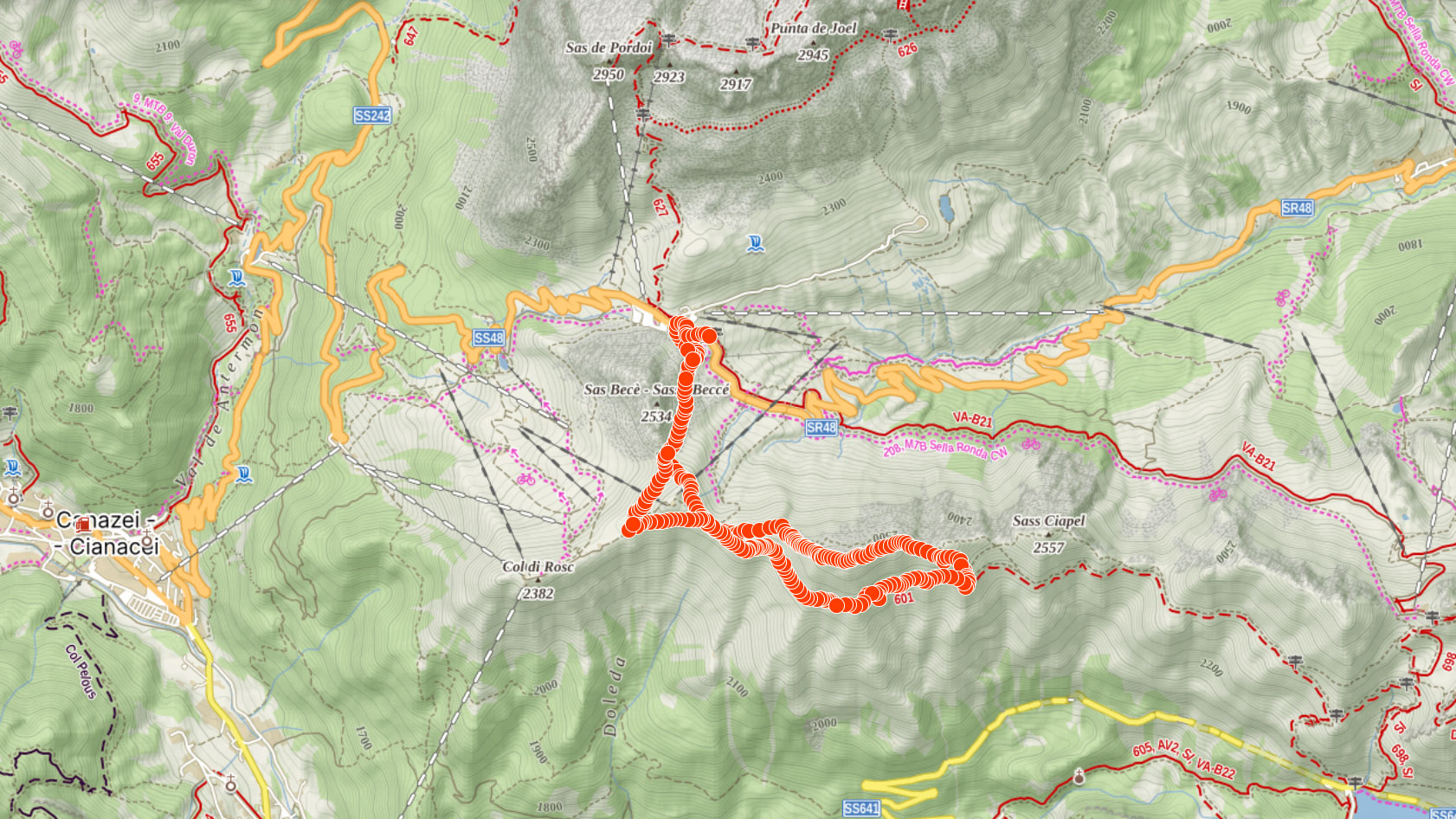 Mapa výletu po hřebeni na Sass Ciapel v Itálii