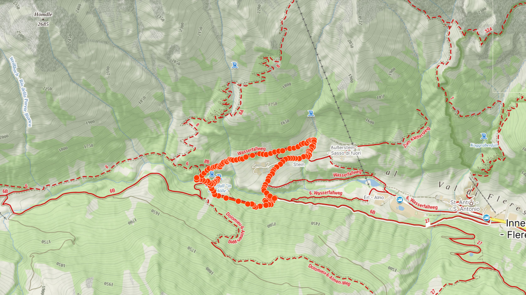 Mapa výletu k vodopádům v údolí Fleres v Itálii