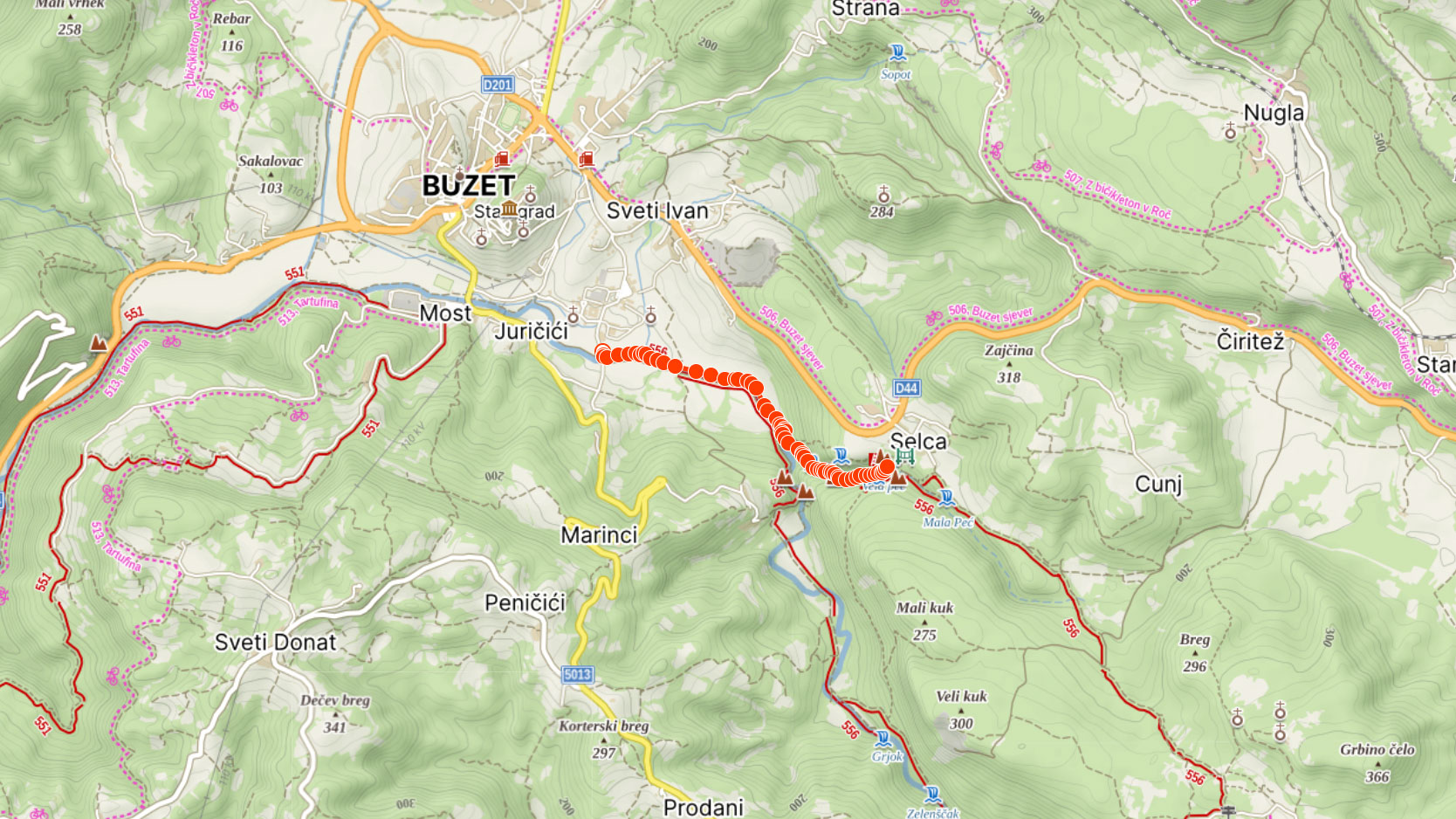 Mapa výletu k vodopádům v chorvatském Buzetu