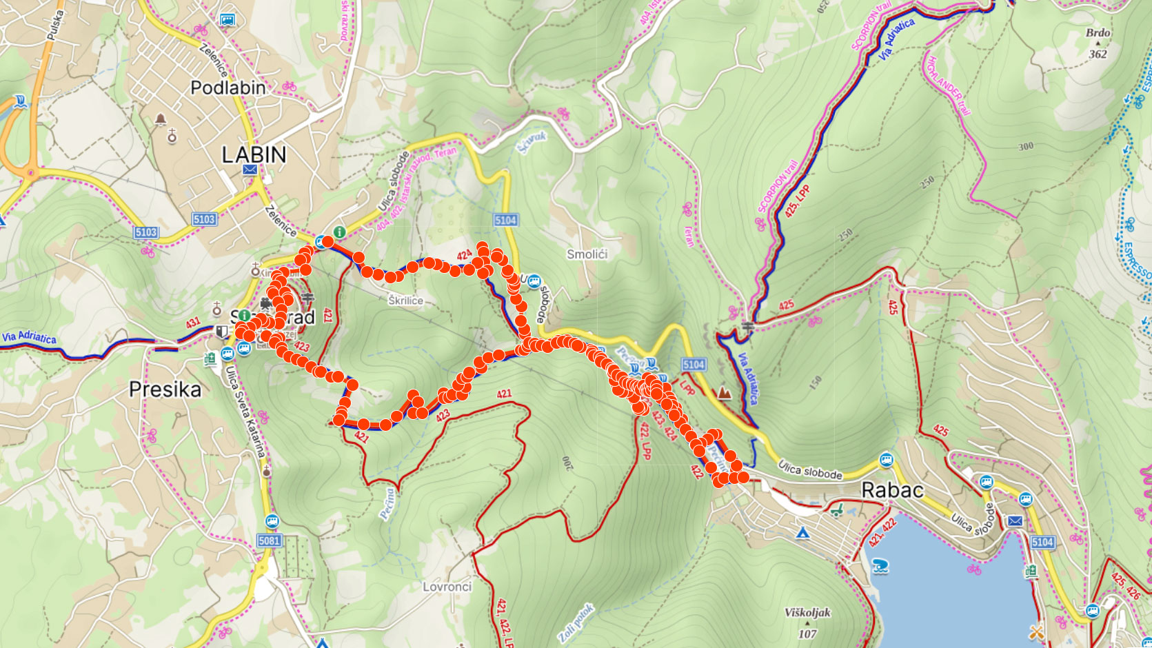 Mapa výletu k vodopádům u Rabace v Chorvatsku