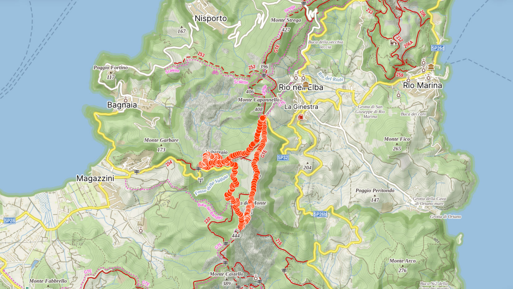 Mapa výletu na Cima del Monte a hrad Volterraio na italské Elbě