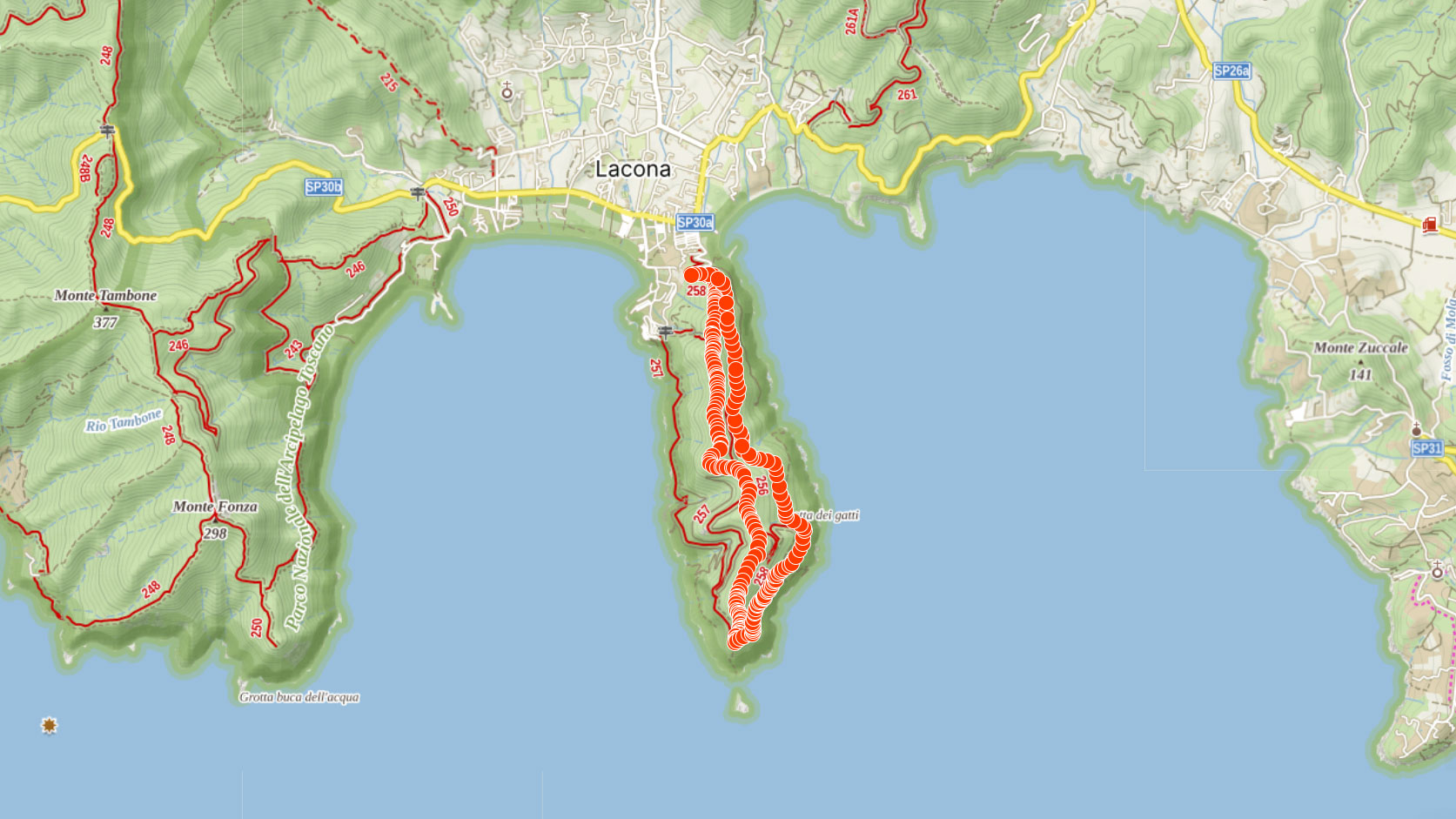 Mapa výletu na Capo della Stella na Elbě v Itálii 