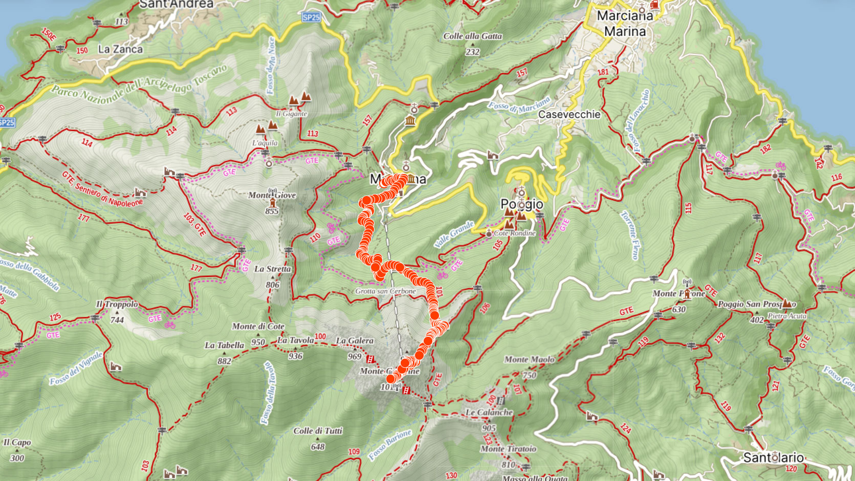 Mapa výletu na Monte Capanne na Elbě v Itálii