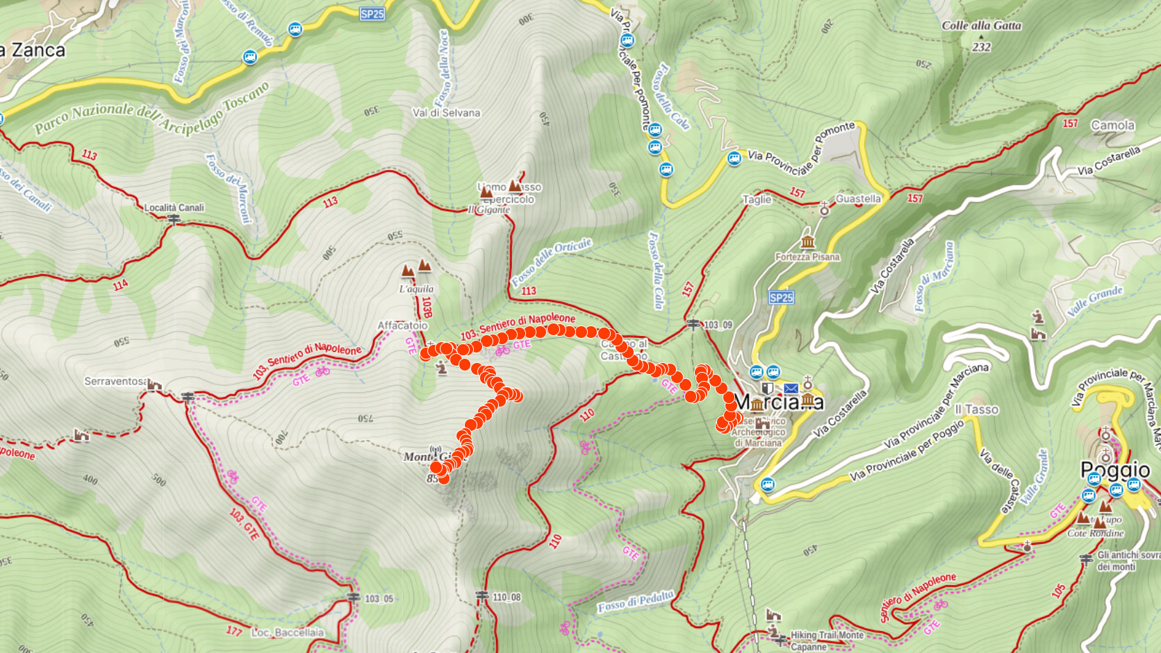 Mapa výletu kolem na Monte Giove na Elbě v Itálii