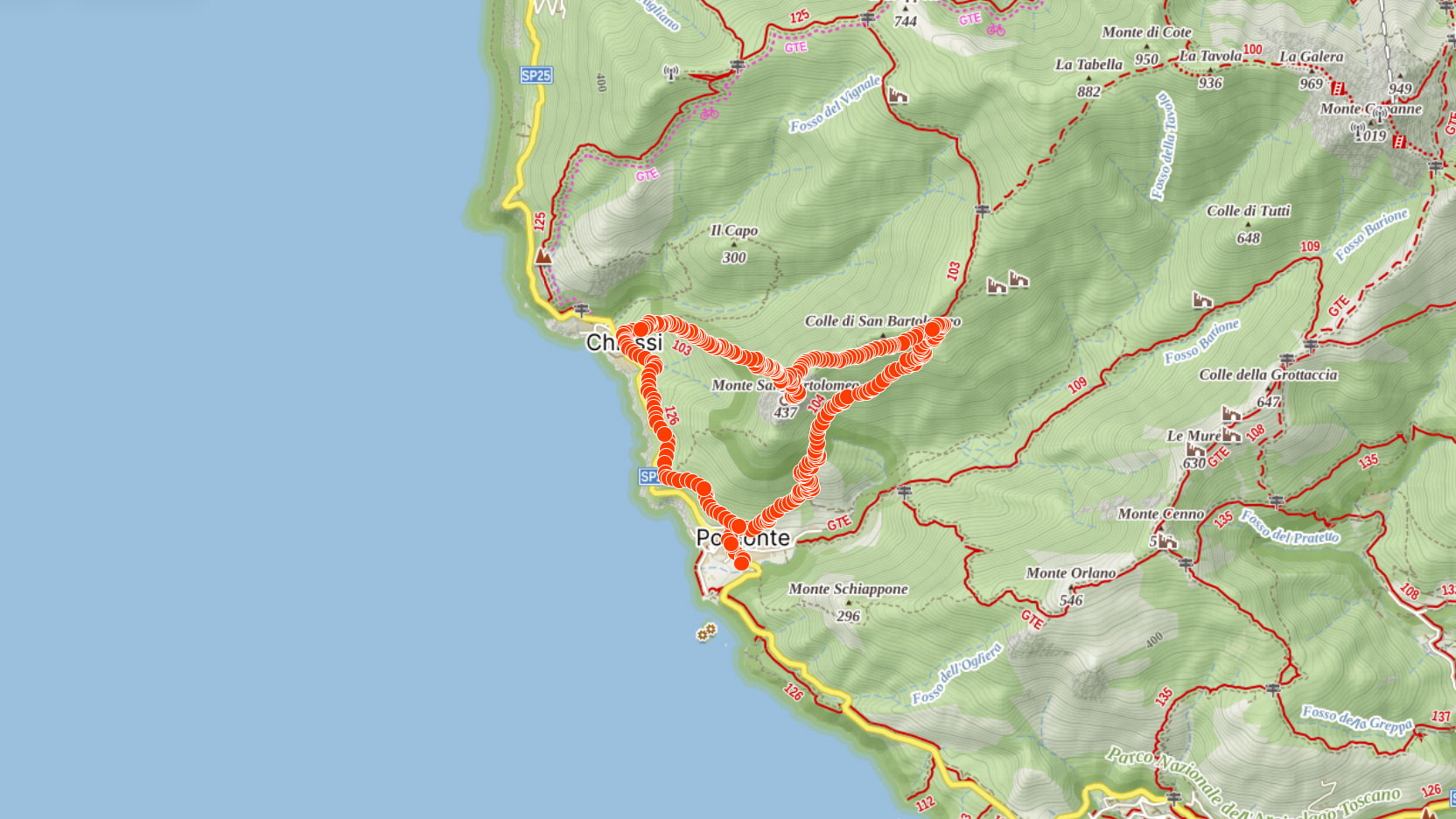 Mapa výletu na Monte Sao Bartolomeo na Elbě v Itálii