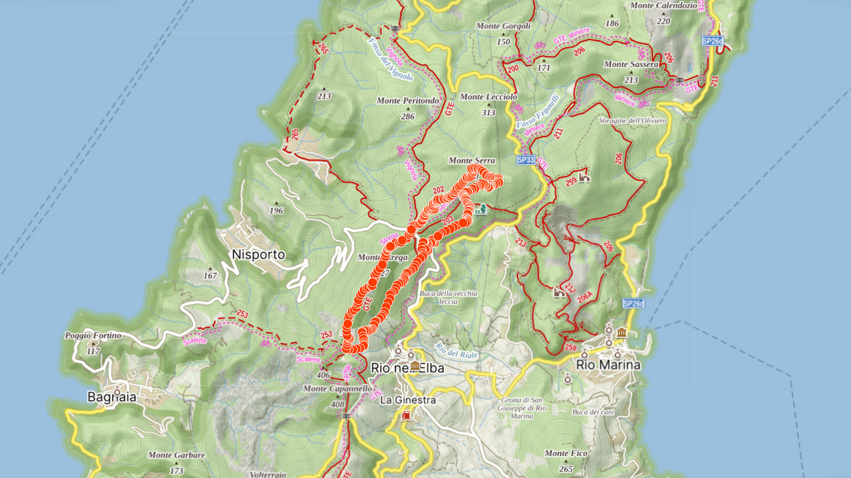 Mapa výletu na Monte Serra a Monte Strega na Elbě v Itálii