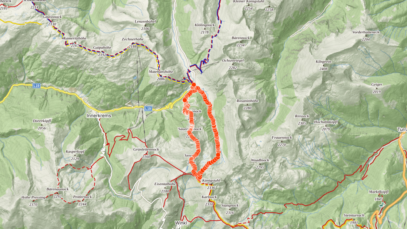 Trasa výletu po hřebeni Nockberge přes Seenock v Rakousku